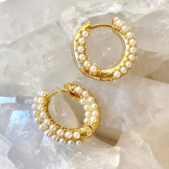 Zara Pearl Pavè Huggie Hoops - Picture 5 of 8